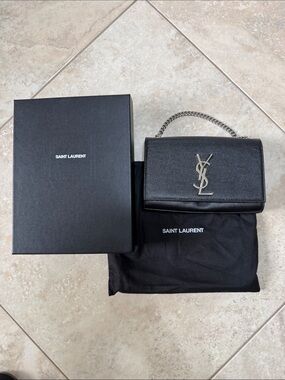 Saint Laurent Black Kate Satchel Leather YSL Chain Shoulder Bag (Grain De Poudre